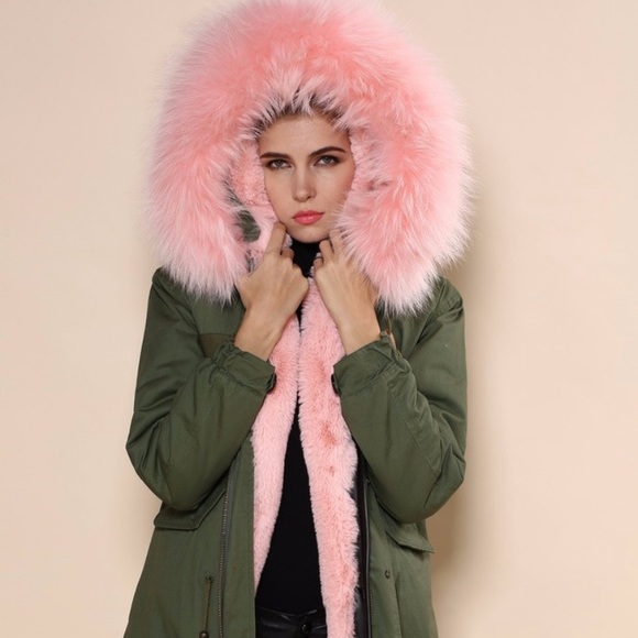 Military green genuine fox fur collar parka xs